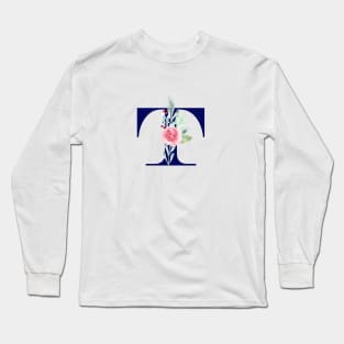 Watercolor Floral Letter T in Navy Long Sleeve T-Shirt